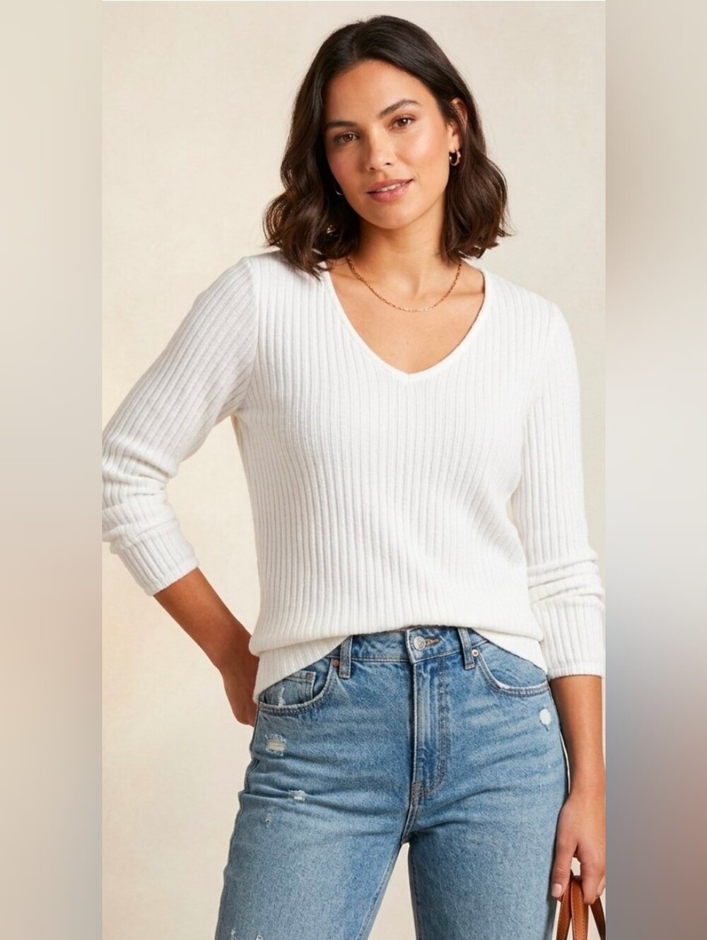 Liverpool Los Angeles Ribbed V-Neck Front & Back Twist Sweater White Size S